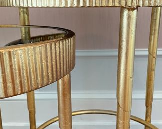 Set of 2 Round Gilt Mirror-Top Metal Nesting Tables with Fluted Edges. Large Measures 20" D x 25" H; Small Measures 14.5" D x 20.25" H. Photo 3 of 4.