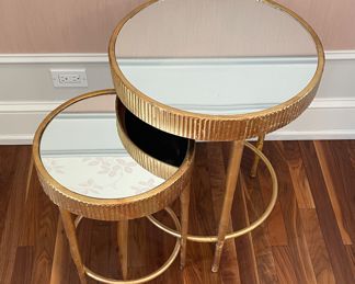 Set of 2 Round Gilt Mirror-Top Metal Nesting Tables with Fluted Edges. Large Measures 20" D x 25" H; Small Measures 14.5" D x 20.25" H. Photo 2 of 4.