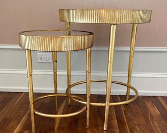 Set of 2 Round Gilt Mirror-Top Metal Nesting Tables with Fluted Edges. Large Measures 20" D x 25" H; Small Measures 14.5" D x 20.25" H. Photo 1 of 4.