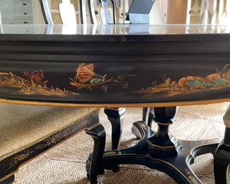Vintage Ebonized & Parcel Gilt Extension Dining Table with Hand-Stenciled Asian Scenes on Apron. Measures 44" - 80" with Two 18" Leaves. 44" W x 30" H with 26.5" Clearance. Photo 3 of 7.