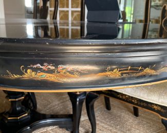 Vintage Ebonized & Parcel Gilt Extension Dining Table with Hand-Stenciled Asian Scenes on Apron. Measures 44" - 80" with Two 18" Leaves. 44" W x 30" H with 26.5" Clearance. Photo 4 of 7.