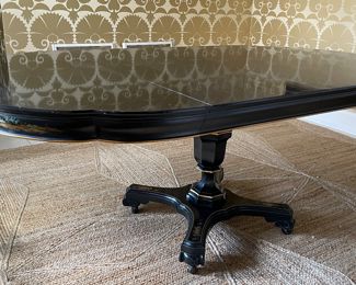 Vintage Ebonized & Parcel Gilt Extension Dining Table with Hand-Stenciled Asian Scenes on Apron. Measures 44" - 80" with Two 18" Leaves. 44" W x 30" H with 26.5" Clearance. Photo 1 of 7.