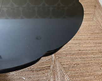 Vintage Ebonized & Parcel Gilt Extension Dining Table with Hand-Stenciled Asian Scenes on Apron. Measures 44" - 80" with Two 18" Leaves. 44" W x 30" H with 26.5" Clearance. Photo 2 of 7.