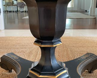 Vintage Ebonized & Parcel Gilt Extension Dining Table with Hand-Stenciled Asian Scenes on Apron. Measures 44" - 80" with Two 18" Leaves. 44" W x 30" H with 26.5" Clearance. Photo 6 of 7.