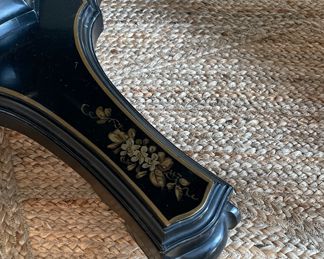 Vintage Ebonized & Parcel Gilt Extension Dining Table with Hand-Stenciled Asian Scenes on Apron. Measures 44" - 80" with Two 18" Leaves. 44" W x 30" H with 26.5" Clearance. Photo 7 of 7.