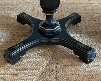 Vintage Ebonized & Parcel Gilt Extension Dining Table with Hand-Stenciled Asian Scenes on Apron. Measures 44" - 80" with Two 18" Leaves. 44" W x 30" H with 26.5" Clearance. Photo 5 of 7.