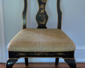 Set of 6 Vintage Ebonized Wood Queen-Anne Style Dining Chairs with Hand-Painted Parcel Gilt Asian Motif. Upholstered in Kravet L'Escale Mink. Each Measures 21" W x 20" D x 19" Seat Height. Photo 1 of 5.