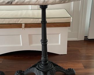 Calcutta Gold Marble Top Three-Pedestal Bistro Table with Wrought Base. Measures 80" L x 26" D x 31" H. Photo 3 of 4.