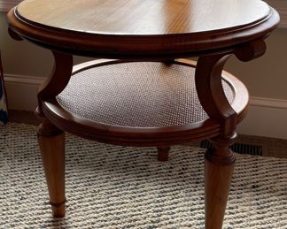 Hickory Chair-Style Oak Occasional Table with Wicker-Top Shelf. Measures 29" D x 26" H. Photo 1 of 2.