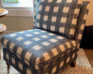Pair of Kravet Slipper Chairs Upholstered in Navy Buffalo Check Fabric. Each Chair Measures 25" W x 30" H. Photo 1 of 3.