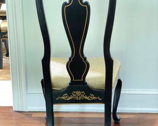 Set of 6 Vintage Ebonized Wood Queen-Anne Style Dining Chairs with Hand-Painted Parcel Gilt Asian Motif. Upholstered in Kravet L'Escale Mink. Each Measures 21" W x 20" D x 19" Seat Height. Photo 2 of 5.