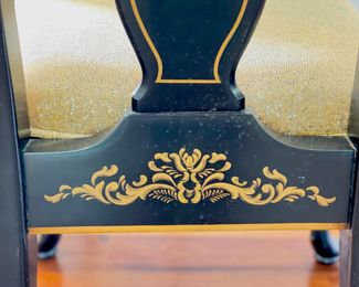 Set of 6 Vintage Ebonized Wood Queen-Anne Style Dining Chairs with Hand-Painted Parcel Gilt Asian Motif. Upholstered in Kravet L'Escale Mink. Each Measures 21" W x 20" D x 19" Seat Height. Photo 5 of 5.