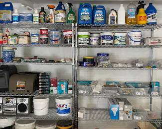 Metal Storage Racks, Thin-Set Mortar, Sheetrock Joint Compound, Waco Teak Oil, Color Magic Car Polish, Wet-Look Floor Polish, Peak Antifreeze & Coolant, etc.