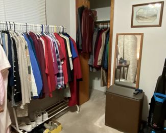 clothes, leather coats, jackets, vacuum, hamper, mirror