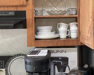 like new bunn coffee maker, corelle dishes, vintage stoneware