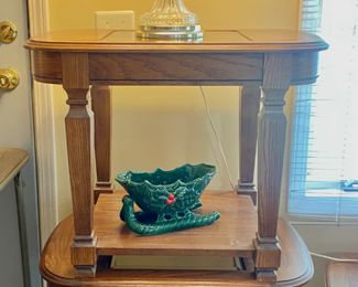 solid wood side tables, glass lamp