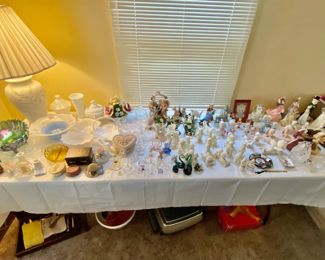 ceramic lamp, assorted milk glass, snowbabies, vintage silverware 