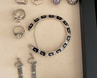 Sterling rings & vintage Margo de Taxco sterling & enamel bracelet  