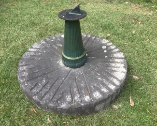 NC Millstone  43 inches across and 8- 9 1/2 inches high   Opening is 8 1/2 inches  Sundial and pedestal not included. Can send more pictures. For pre-sale only
