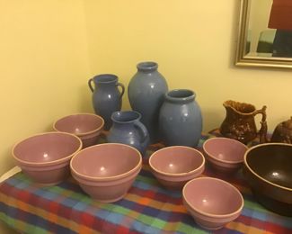 Lavendar stone wear nesting mixing bowls  vitreous vintage blue pottery  attributed to  Robinson Ransbottom, Cherokee Applachia, Alamo, Seldon Bybee Cornelison Uhl