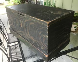 Smoked decorated diminitive pine blanket box with inner compartment  Distressed commensurate with age. Lid no longer has hinges  26x14x13