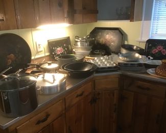 Black tole trays and baking pans  Revere ware pots
