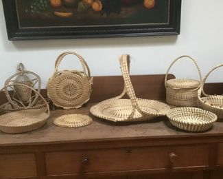 Sweet grass baskets  50's to 70's  wall pocket, trivet, braided bowl, purse flat gathering  basket cross handle fruit basket  oval with love knots  Repairs needed to some