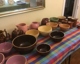 Nesting bowls dark brown, creamware mixing bowls, Weller red ware Bennington Hounds pitcher and tea pot