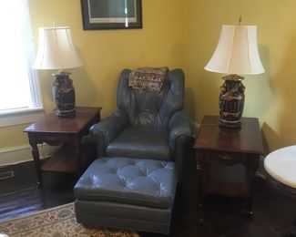 Century leather lounge chair with hassock  Matching maple end tables  Ginger jar noir Chinese lamps  