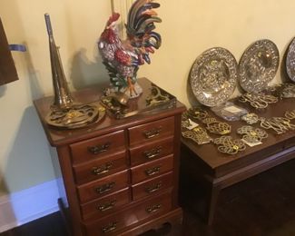 Bedside or den maple chest  Large decorative ceramic chicken  Brass Dutch chargers
