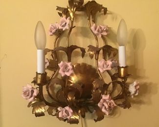 Pair Italian gilt tole Candle wall sconces  Two lights Antique