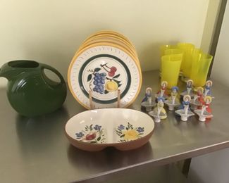 Fiesta pitcher, Stangle fruit plates and divided vegetable bowl, Swedish Denby yellow glassed, whimsy girls in bonnets 