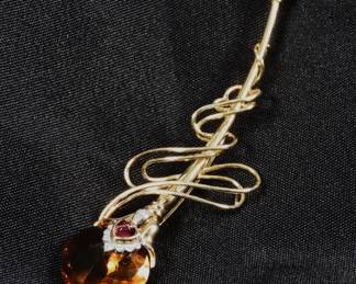 35:18K Gold Citrine Diamond Ruby Amethyst Brooch