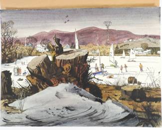 76:Robert McCall Winter Pond Landscape WC Painting