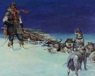 32:Matt Clark Sled Dogs and Outdoorsman Painting