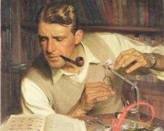 80:Tom Lovell True Magazine Man Tying Flies Painting