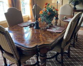 Hickory White dining table with leaves, eight chairs, and custom protective pads