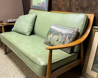 Mid Century Green VInyl and Maple Loveseat- Heywood Wakefield