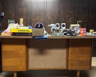 Mid Century Modern Formica, Walnut, and Cane Desk