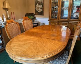 Thomasville Burl Wood Dining Table with 4 Cane Back Chairs