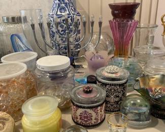 Assorted glass vases, candles, Ceramic vase, and electric Menorah