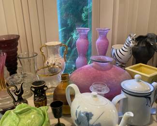 Assorted Glass Vases, Ceramic Teapot, Cabbage Dish