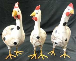 Set 3 Wood & Metal Chicken Sculptures
