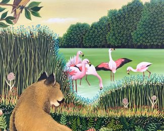 38x36 Paradis Signed Stalking Lioness Oil Painting
