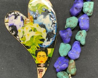 Signed Turquoise Beaded Frida Kahlo Necklace
