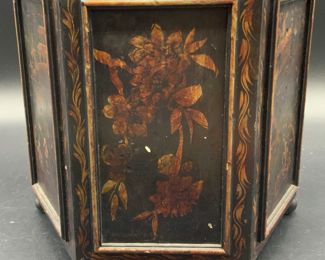 Asian Hand Painted Hexagonal Wood & Metal Vessel
