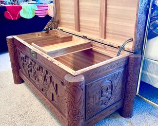 Hand carved wood chest 