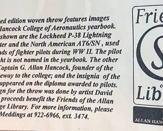 Limited edition woven blanket of 1943 Hancock College of Aeronautics 