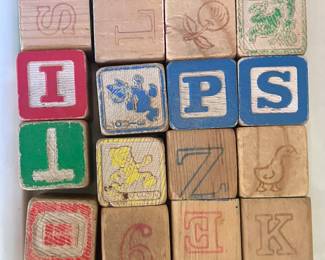 Vintage numbers and alphabet playing blocks