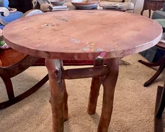 Handcrafted rustic side table with hand-painted southwestern art.